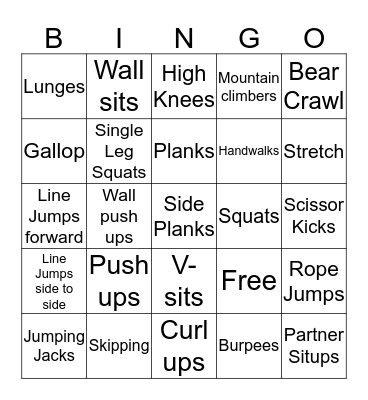 Fitness Bingo Card