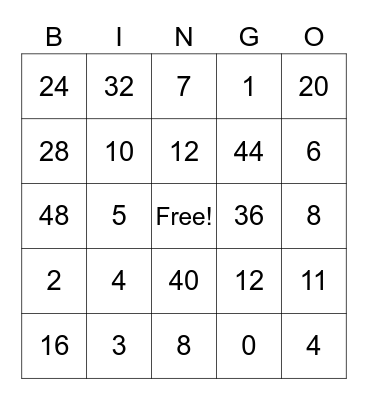 4x table Bingo Card