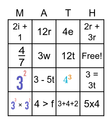 Algebra Vocabulary Bingo Card