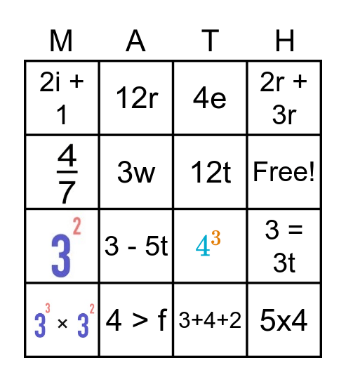 Algebra Vocabulary Bingo Card