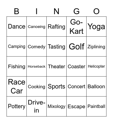 Life Experiences Bingo Card