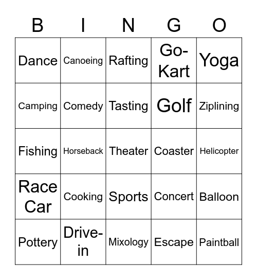 Life Experiences Bingo Card