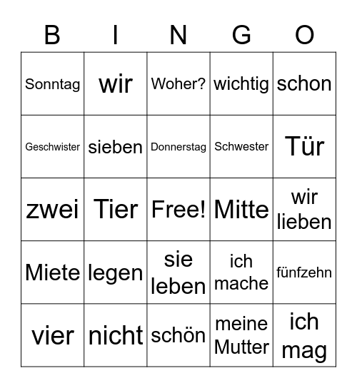 Vokabel Bingo Card