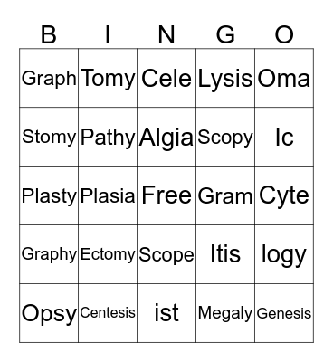 Medical Terminlogy Bingo Card