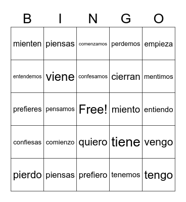 Stem-changing Verbs Bingo Card