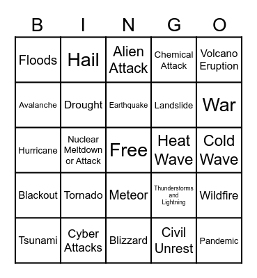 Disaster Bingo Card
