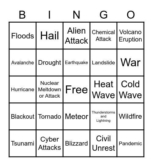 Disaster Bingo Card