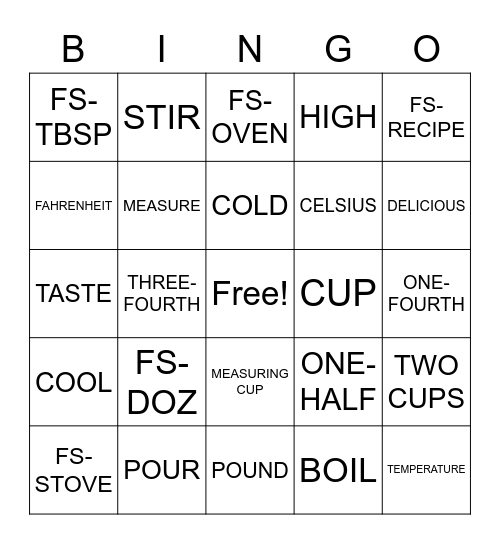 COOKING Bingo Card