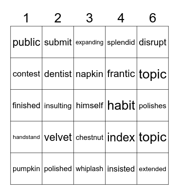 Multisyllable Closed Words Bingo Card