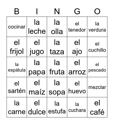 Comida y cocina Bingo Card