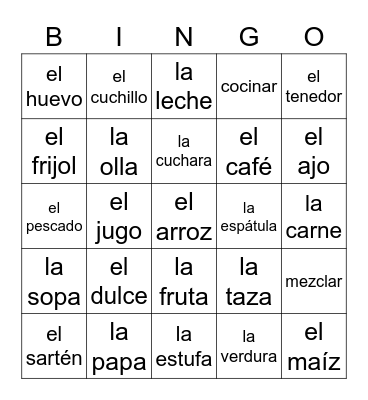 Comida y cocina Bingo Card