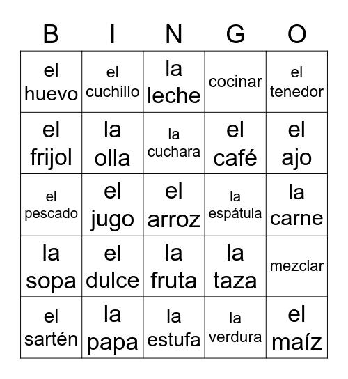 Comida y cocina Bingo Card