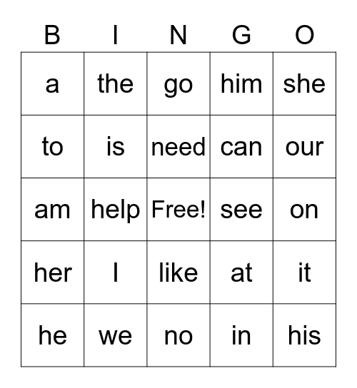 Sight Word Bingo 1 Bingo Card