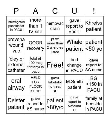 PACU RN BINGO Card