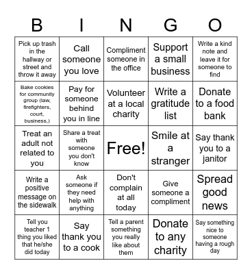 Random Acts of Kindness Bingo Card