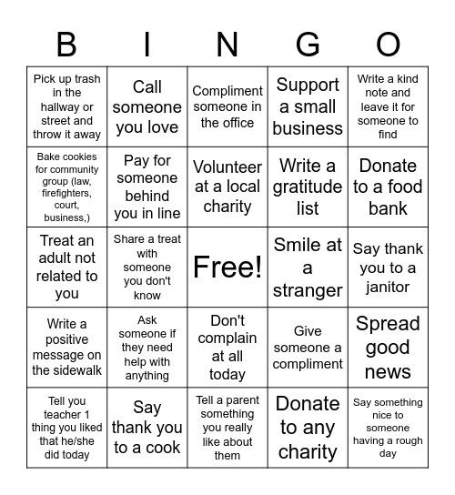 Random Acts of Kindness Bingo Card