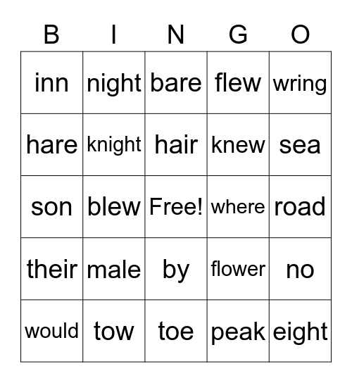 HOMOPHONE BINGO Card