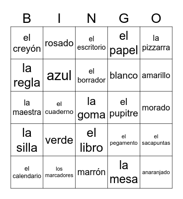 FINAL: Spanish Classroom Objects & Colors Bingo Card