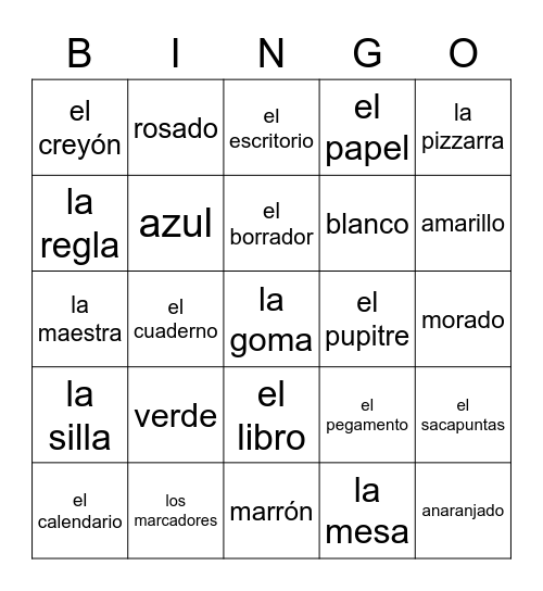 FINAL: Spanish Classroom Objects & Colors Bingo Card