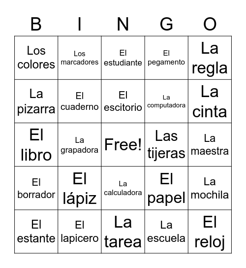 Los útiles escolares Bingo Card