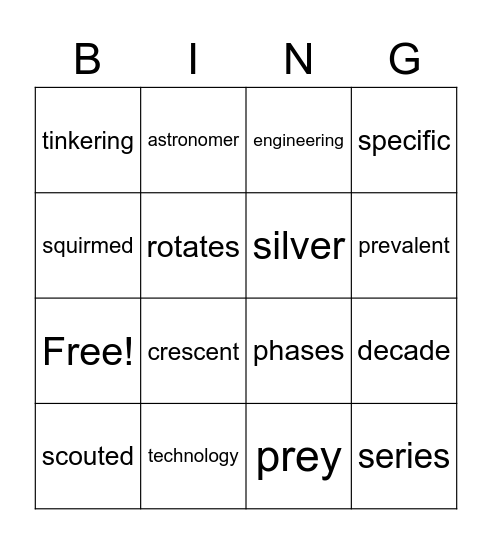 Vocabulary Bingo Card