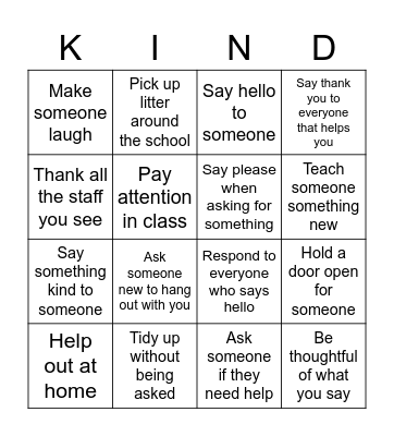 Kindness Week Bingo Card