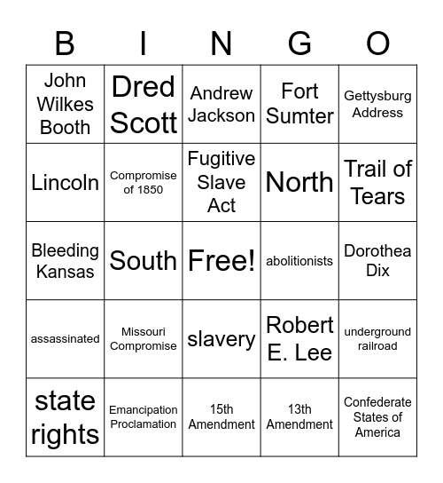 Civil War Bingo Card