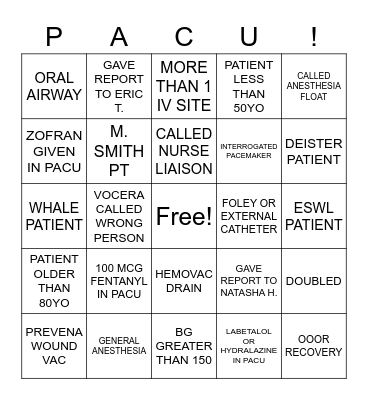 PACU RN Bingo Card