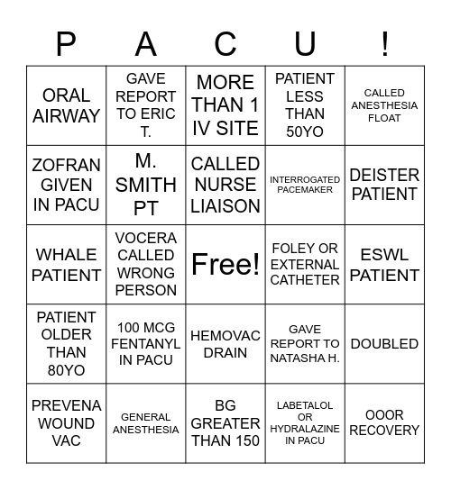 PACU RN Bingo Card