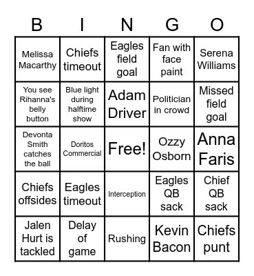 Super Bowl 2023 Bingo Card