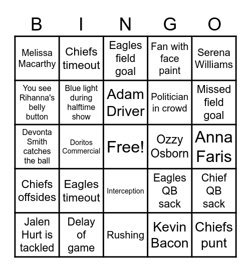 Super Bowl 2023 Bingo Card