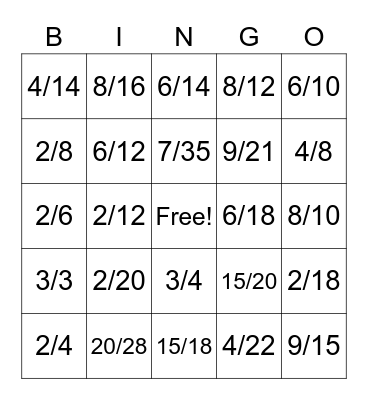 Common Fractions Bingo Card