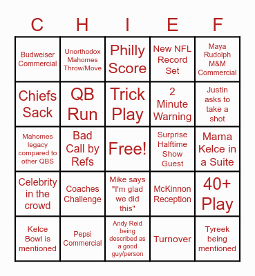 Super Bowl Bingo Card