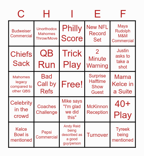 Super Bowl Bingo Card