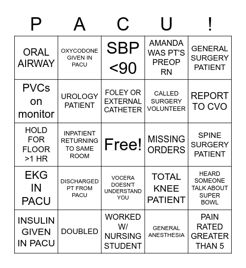 PACU RN Bingo Card