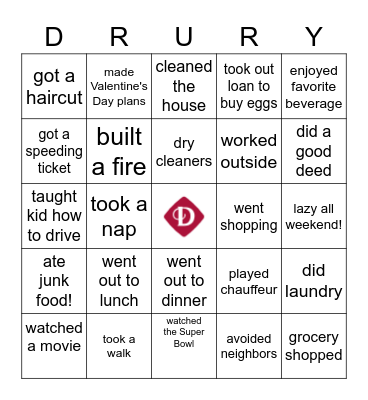 What did you do over the weekend? Bingo Card