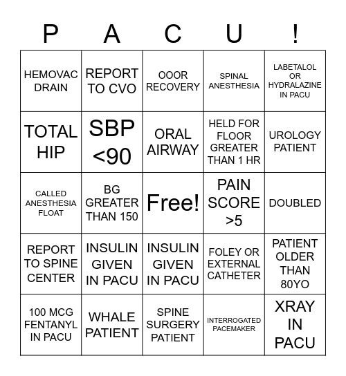 PACU RN Bingo Card