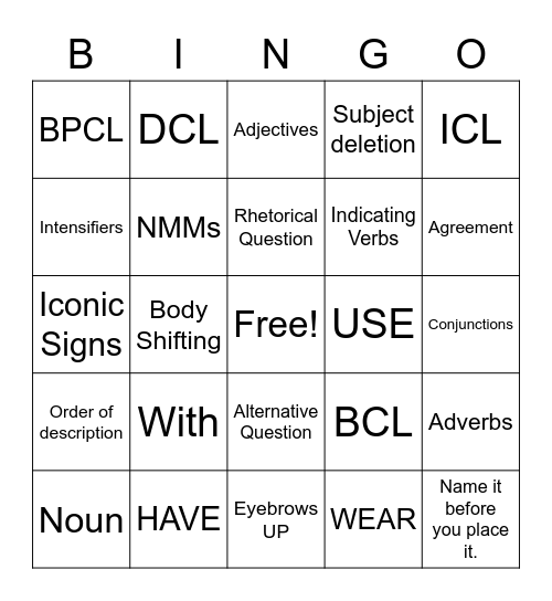 SI ASL 2 Unit 4 Bingo Card