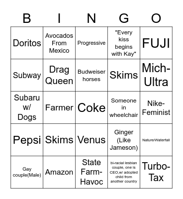 Super bowl Commercial Bingo Card