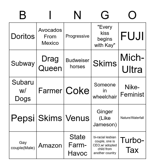 Super bowl Commercial Bingo Card