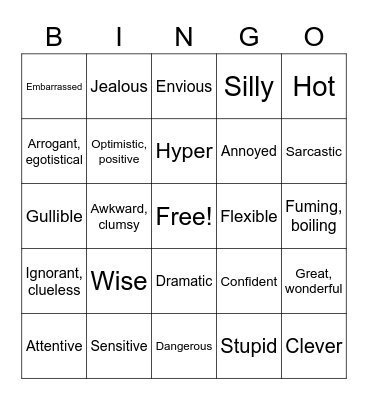 SI ASL 2 Unit 4 Emotions, Feelings, Characteristics Vocab Bingo Card