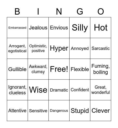 SI ASL 2 Unit 4 Emotions, Feelings, Characteristics Vocab Bingo Card