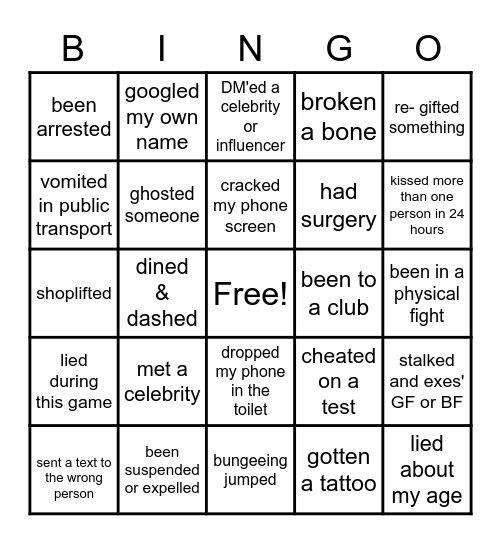 Never have I ever... Bingo Card