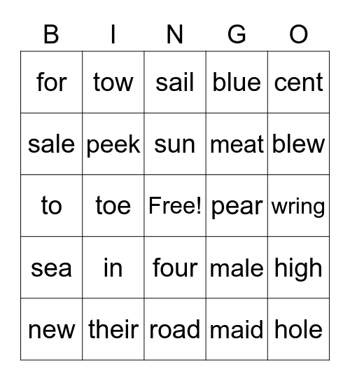 HOMOPHONE BINGO-5 Bingo Card