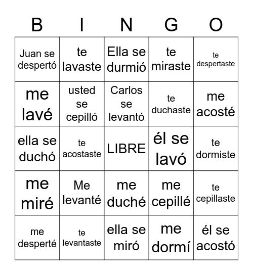 Verbos Reflexivos Bingo Card