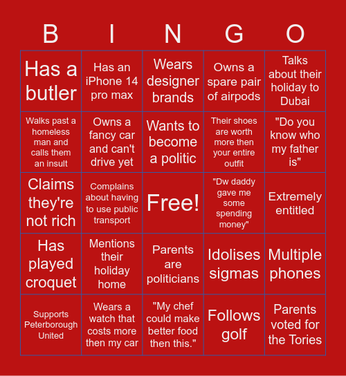 Rich kid bingo Card