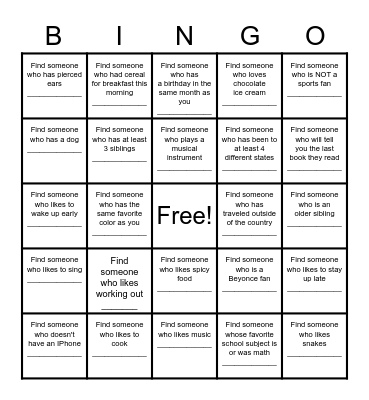 Find a Friend Bingo Card