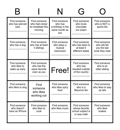 Find a Friend Bingo Card