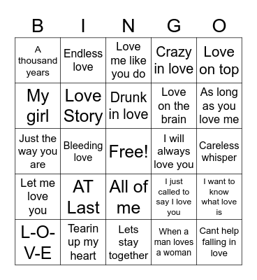 Love Songs Bingo Card