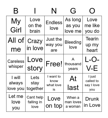 Love Songs Bingo Card